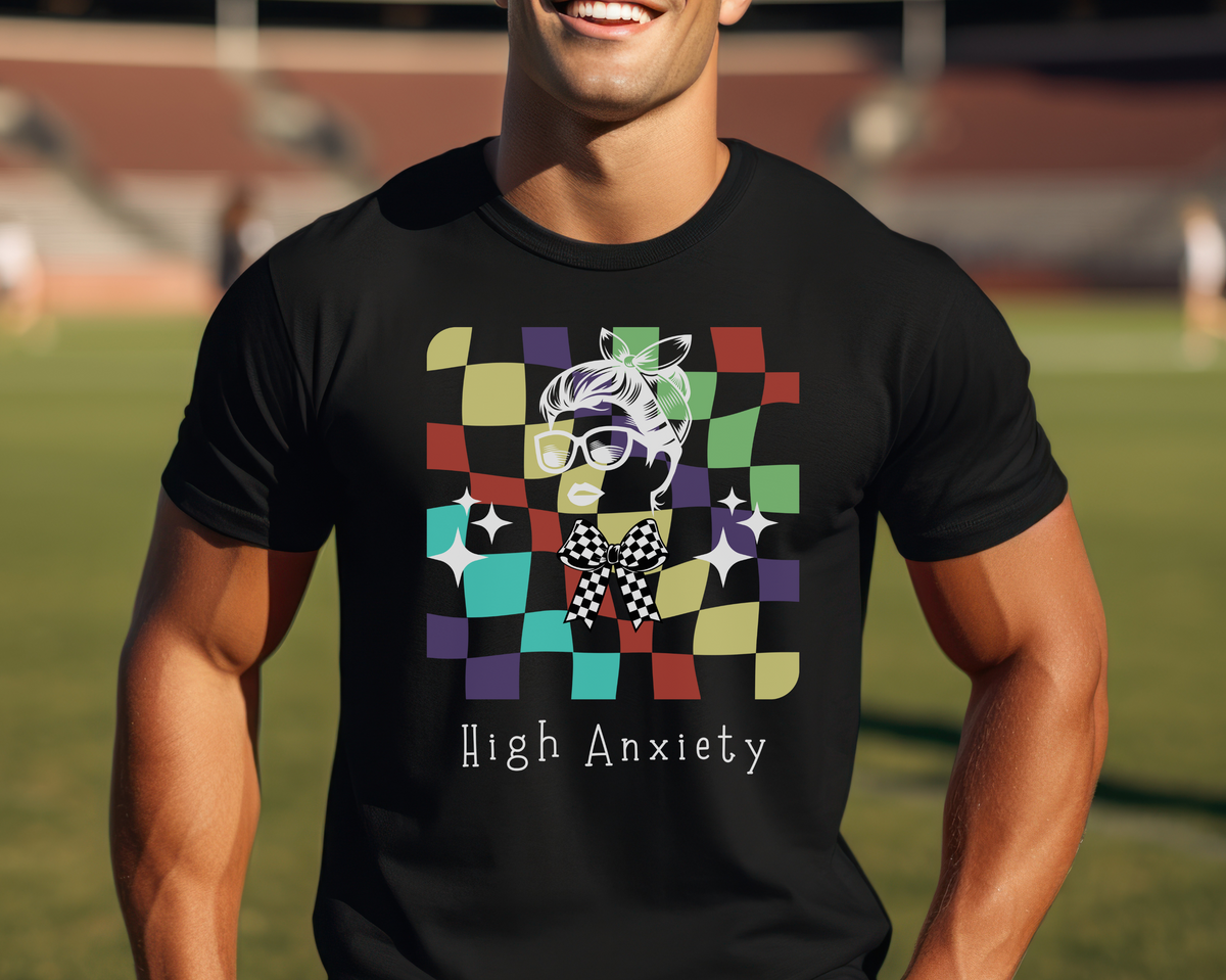 High Anxiety Lightweight Short-Sleeve Men's T-Shirt — a humorous yet honest nod to the daily battles of overthinking, social stress, and living in a world that moves a little too fast.