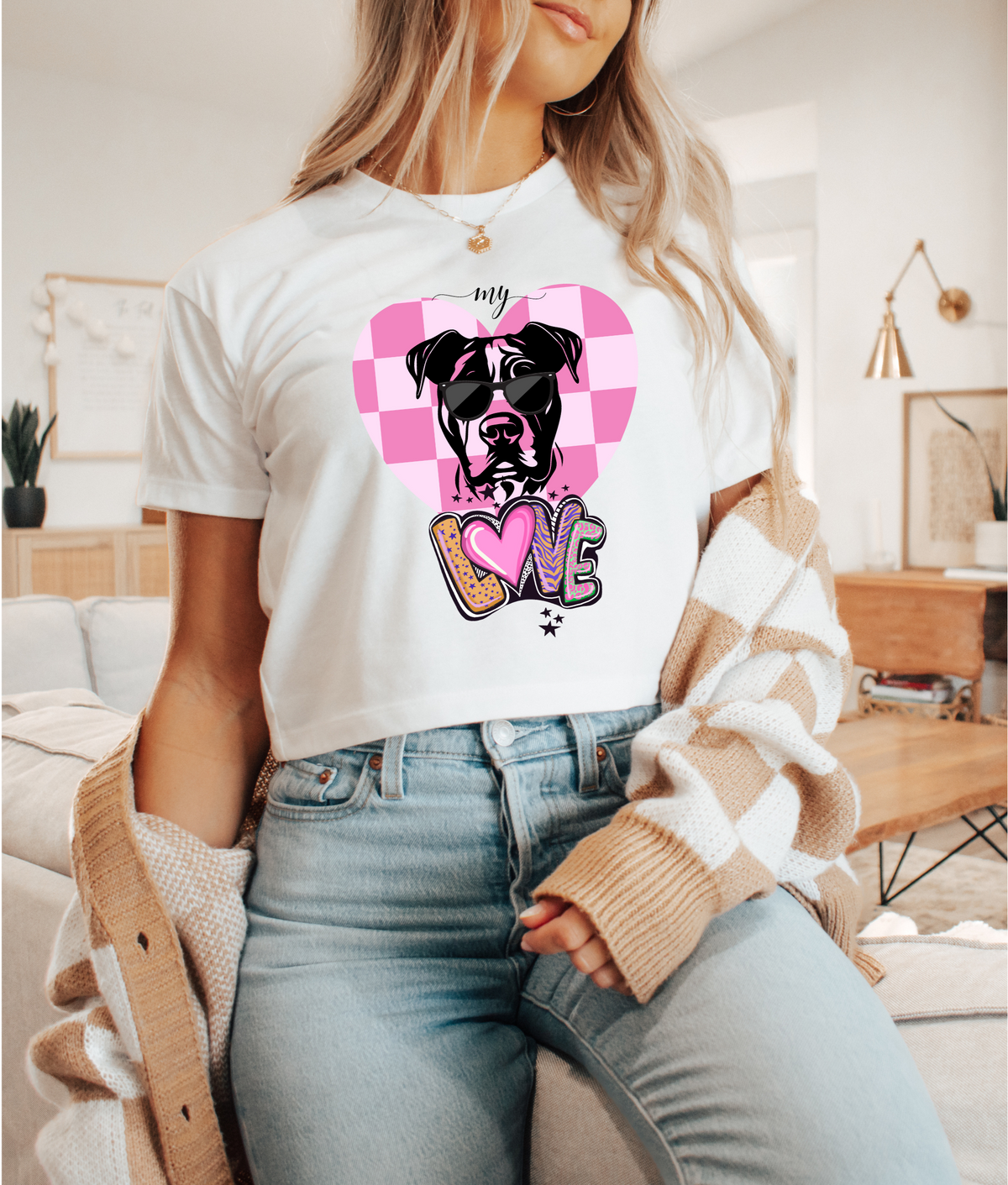 Pitbull Dog Mom Love Women's Crop Top - Dog Mom Pittie Shirt Gift for Her - Cute Heart Teen Pitt Bull Tee