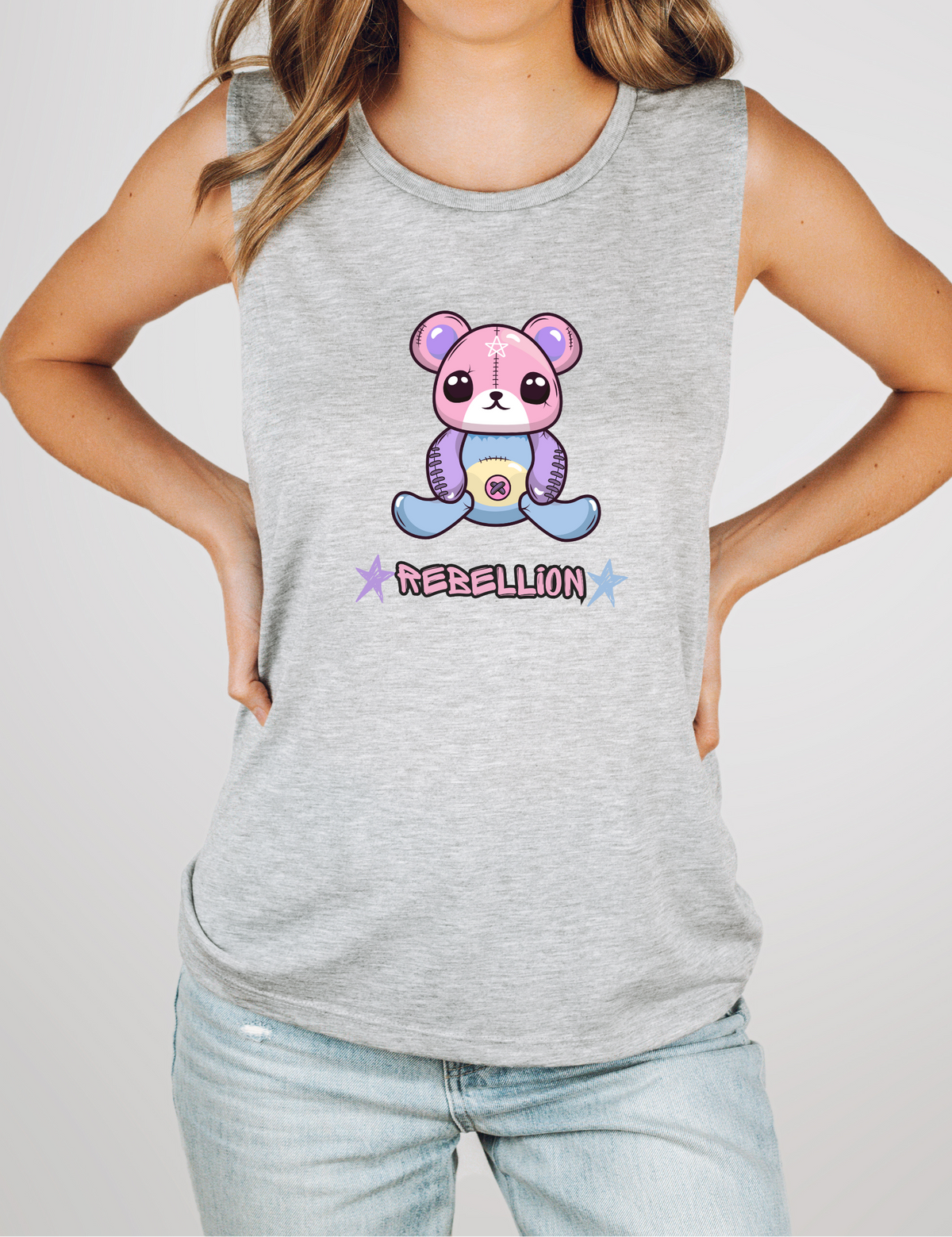 Rebellious Bear Punk Women's Sleeveless Muscle Tank Top | Edgy Graphic Workout Shirt for Gym & Athletics