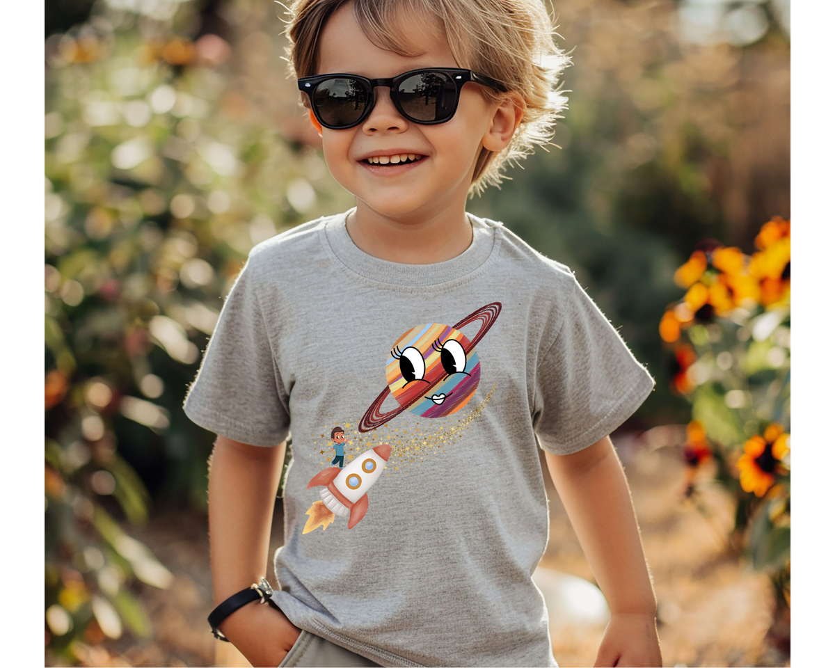 Smiling Saturn Rocket T-Shirt: Space Adventure for Kids, Toddlers & Future Astronauts