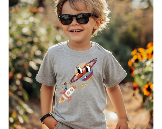 Smiling Saturn Rocket T-Shirt: Space Adventure for Kids, Toddlers & Future Astronauts