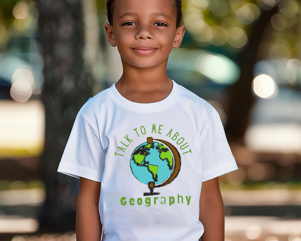 Talk to Me About Geography Lightweight Kids T-shirt,  perfect for curious minds who love talking about continents, oceans, flags, and cultures from around the globe.