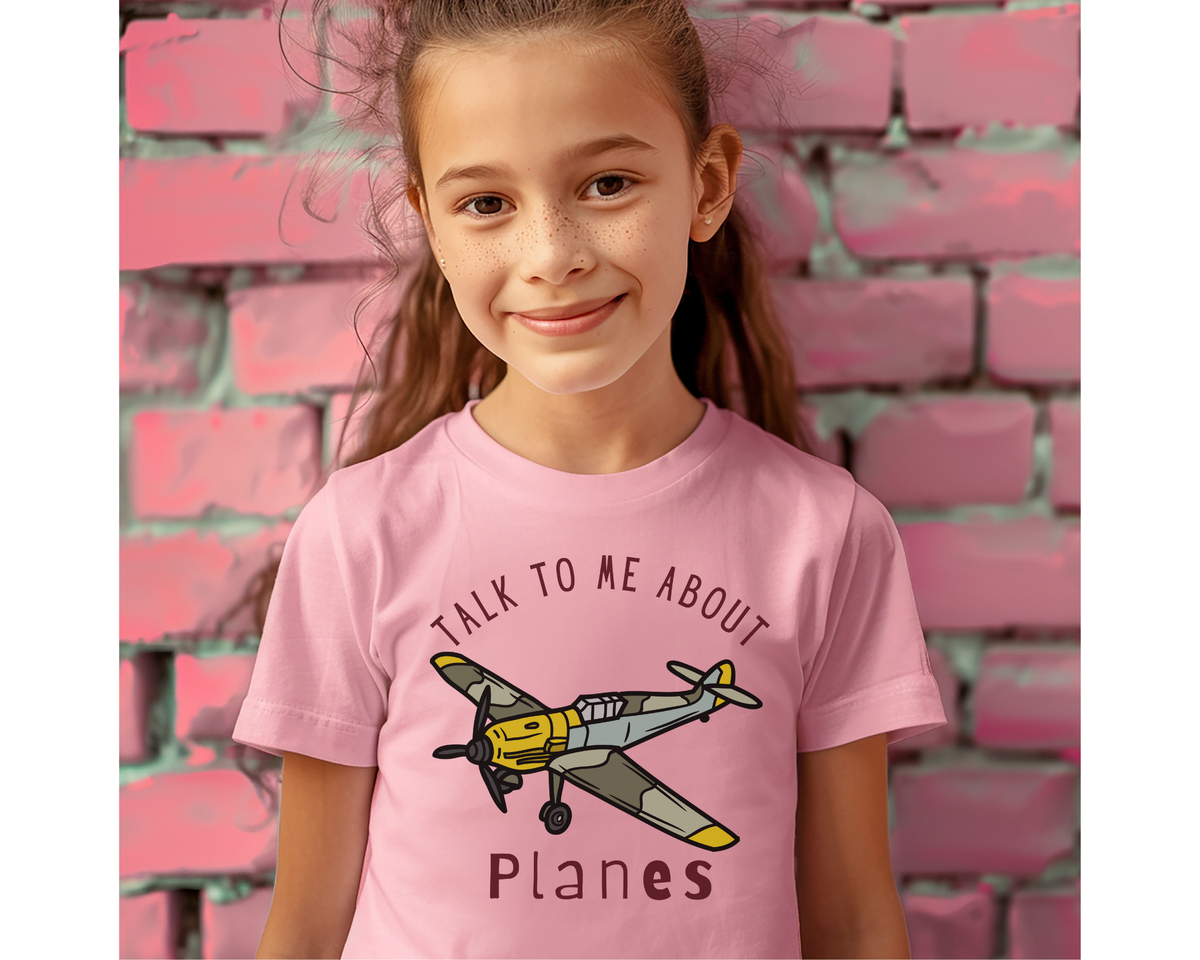 Talk to Me about Planes Kids Lightweight T-shirt.Whether they're obsessed with jets, airliners, or WWII aircraft, this tee gives them the perfect icebreaker to spark conversations about their favorite topic—planes!