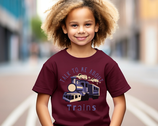 Talk to Me About Trains Lightweight Kids T-shirt, perfect fit for young train lovers who can’t get enough of locomotives, cabooses, and railway adventures.